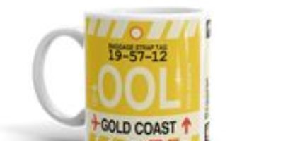 OOL Gold Coast Coffee Mug • Airport Code & Vintage Baggage Tag Design