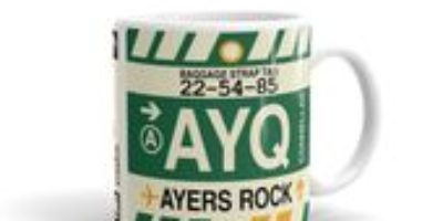 AYQ Ayers Rock Coffee Mug • Airport Code & Vintage Baggage Tag Design